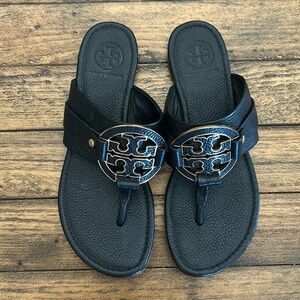 Black Tory Burch, leather with metal detail sandals